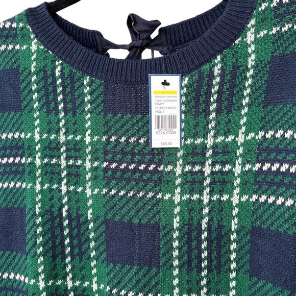 NWT Crown & Ivy Navy Plaid Holiday Party Ribbon Tie Sweater Size Small - Picture 3 of 6